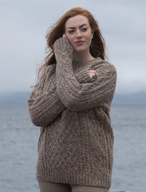 Women's Donegal Aran Crew Neck Sweater - color: Light Honey; type: Hero, Front, Primary