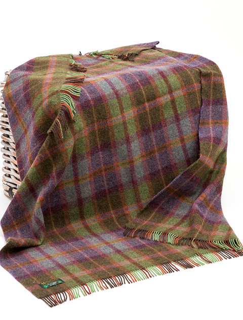 Irish Wool Picnic Blanket - Green and Purple Mix Tartan