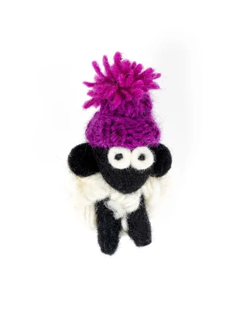 Standing Knitted Mountain Irish Sheep With Purple Bobble Hat Collectible