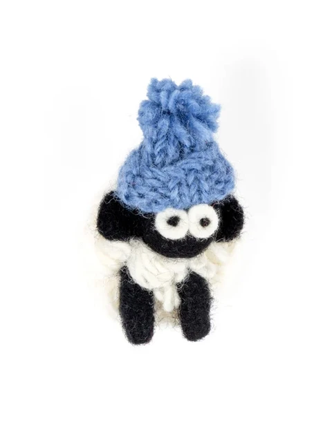 Standing Knitted Mountain Irish Sheep With Blue Bobble Hat Collectible