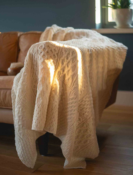 Aran Patchwork Merino Wool Throw - color: Natural White; type: Front
