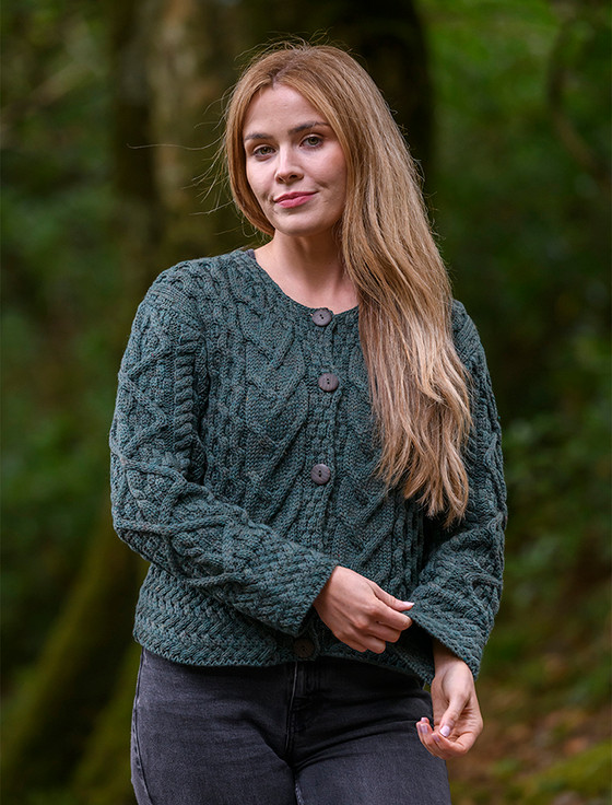 Aran Cable Knit Cardigan - Connemara Green