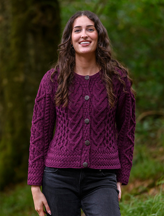 Aran Cable Knit Cardigan - Very Berry