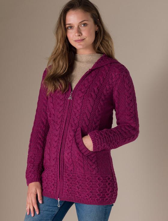 Hooded Coatigan with Celtic Knot Zipper Pull - Raspberry