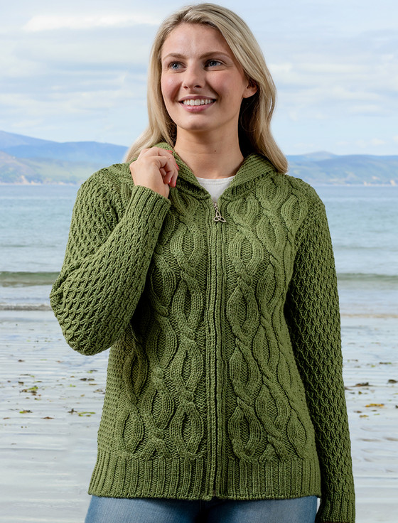 Women's Merino Wool Cable Knit Hoodie - Green