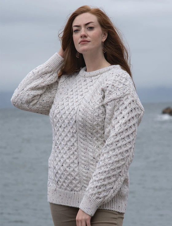 Women's Heavyweight Traditional Aran Wool Sweater - Fleck