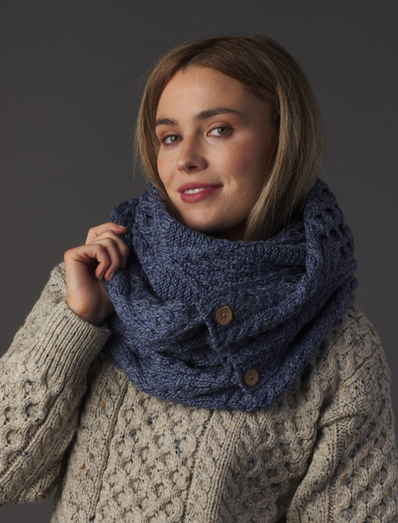 Aran Snood Scarf with Buttons - Denim Marl