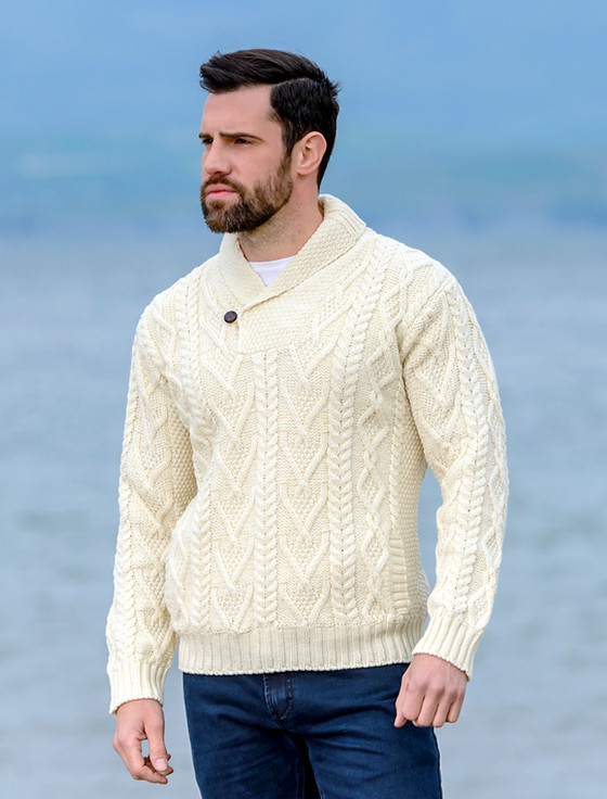 Shawl Collar Sweater - One Button Fisherman Sweater - Natural White