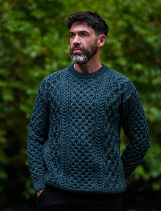 Heavyweight Merino Wool Aran Sweater - Evergreen