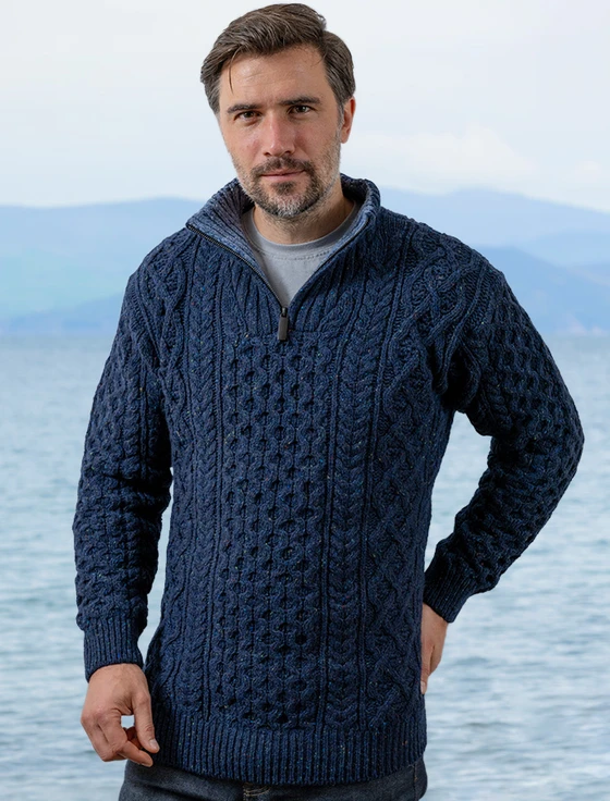 Wool Cashmere Aran Troyer Sweater - Rich Navy