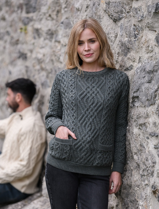 Cable Crew Neck Sweater with Pockets - Tundra