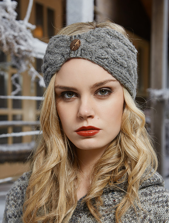 Fleece Lined Aran Cable Headband with Button - Light Charcoal