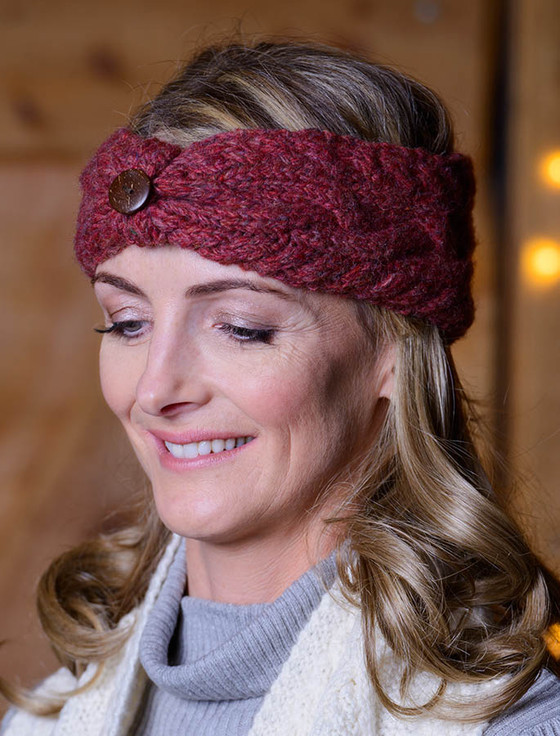 Fleece Lined Aran Cable Headband with Button