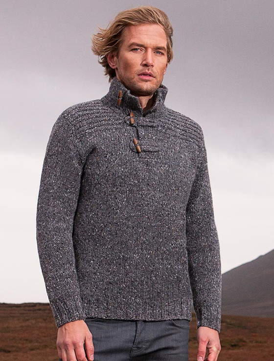 Wool Sweater with Ribbed Shoulders and Toggles