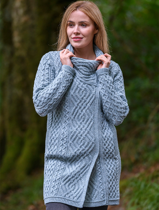 Cable Knit Coatigan with Celtic Knot Side Zip - Mermaid