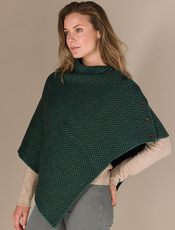 Herringbone Merino Poncho with Button Detail - Connemara/Army Green