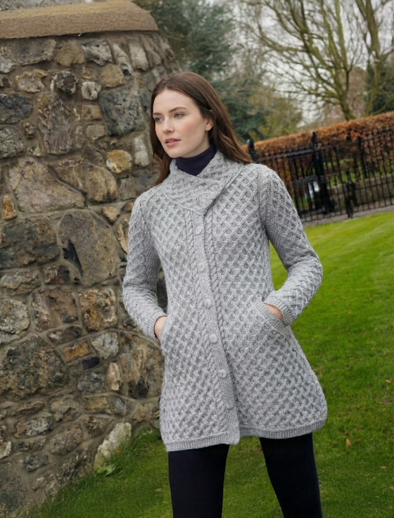 Merino Cross Over Neck Aran Coatigan - Soft Grey