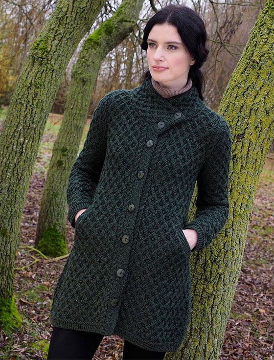 Merino Cross Over Neck Aran Coatigan 