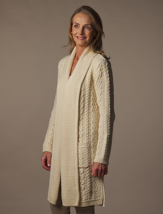 Drape Front Aran Shawl Cardigan - Natural White