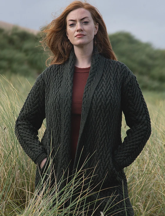 Ladies Herringbone Design Shawl Hood - Solid Green