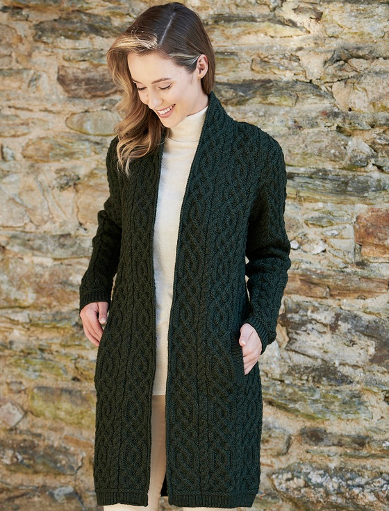Ladies Plated Aran Cable Knit Coat - Army Green