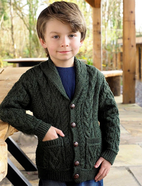 Kid's Shawl Neck Aran Cardigan - Army Green