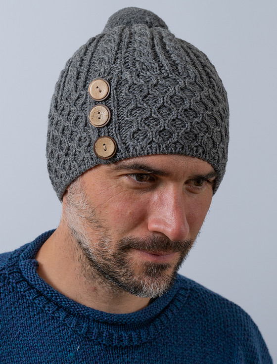 Merino Honeycomb Pom Pom Hat  - Grey