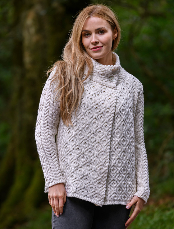 Women's Two Button Aran Cardigan - Natural White