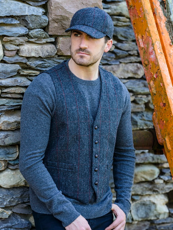 Irish Tweed Herringbone Waistcoat - Charcoal & Red | Mucros Weavers