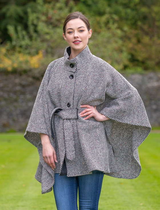 Belted Black & White Tweed Herringbone Cape [FREE Express Shipping 