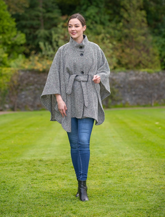 Belted Black & White Tweed Herringbone Cape [FREE Express Shipping 