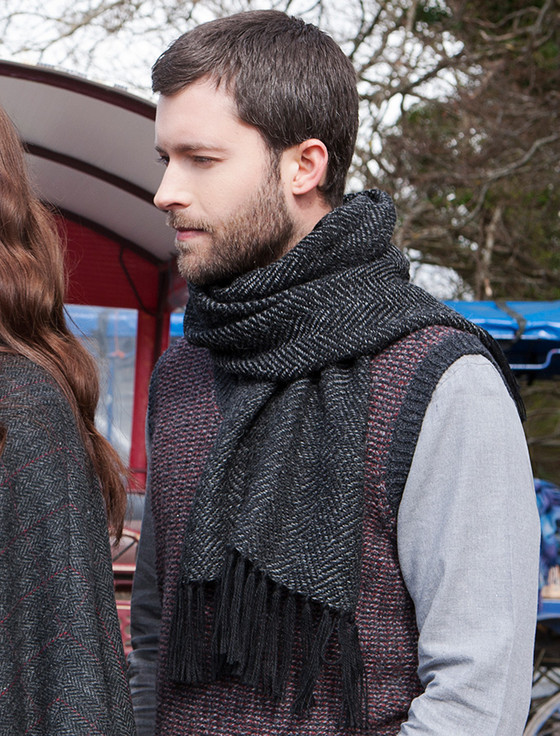 Charcoal Plain Herringbone Alpaca Scarf for Men