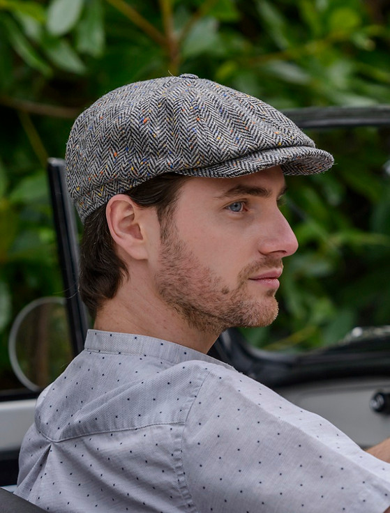 Mucros 8 Panel Driving Cap - Grey Herringbone