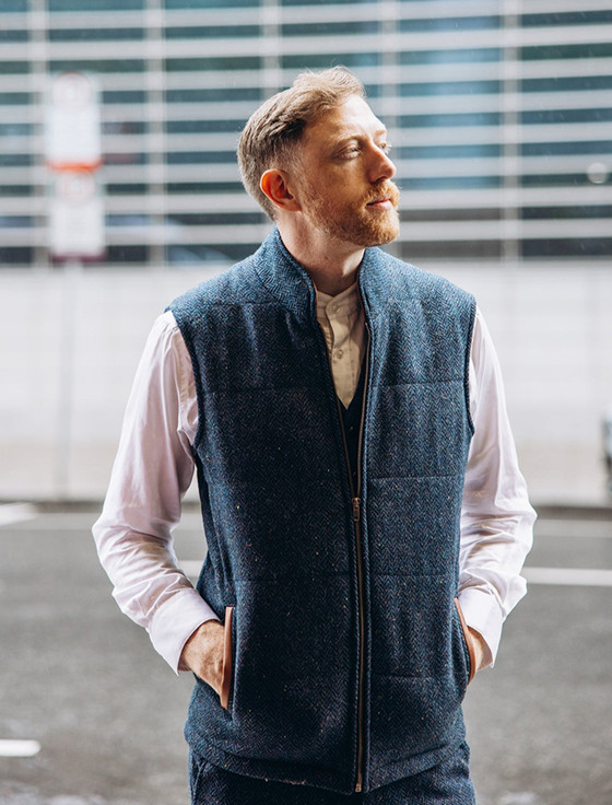 Men's Tweed Body Warmer - Blue Herringbone