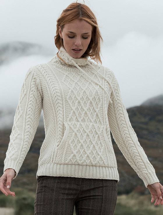 Ladies Drawstring Super Soft Sweater With Pouch Pocket - Natural White