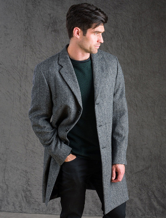 Owen Tweed 3/4 Coat - Olive Wide Herringbone