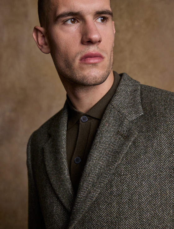 Owen Tweed 3/4 Coat - Olive Wide Herringbone