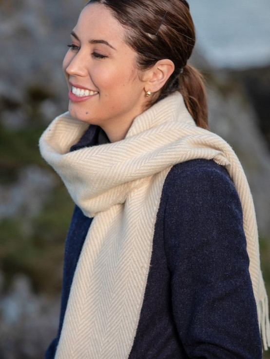 Cashmere Scarf - Bone & White Herringbone
