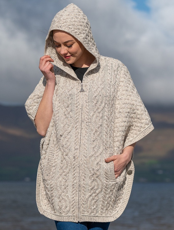 Hooded Batwing Jacket with Celtic Knot Zipper Pullt | Aran Sweater