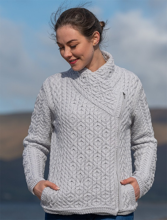 Women's Aran Jacket With Side Zip - Dove Grey