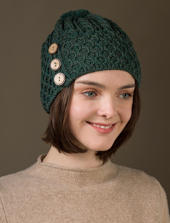 Merino Honeycomb and Cable Pom Hat | Connemara Green | Aran Sweater Market