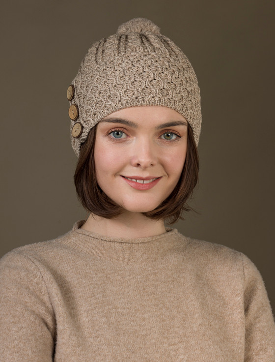 Ladies Merino Honeycomb Pom Pom Hat from Aran Sweater Market