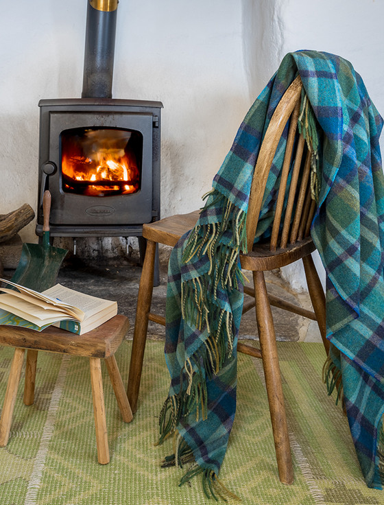 Lambswool Throw - Green Mix & Blue Tartan