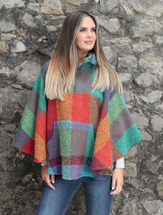 Cheryl Herringbone Hooded Poncho - Kildare Multi-Light-Green