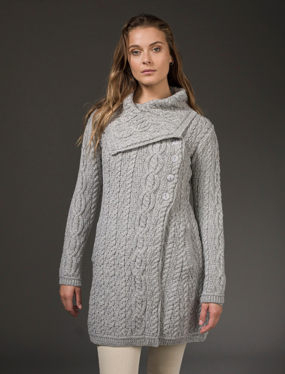 Large Collar Aran Coat - Soft Grey