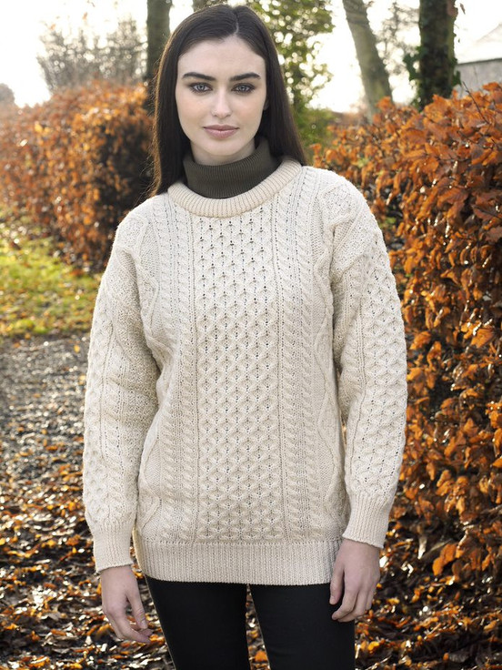 Traditional Irish Crewneck Pullover Aran Sweater, Natural at