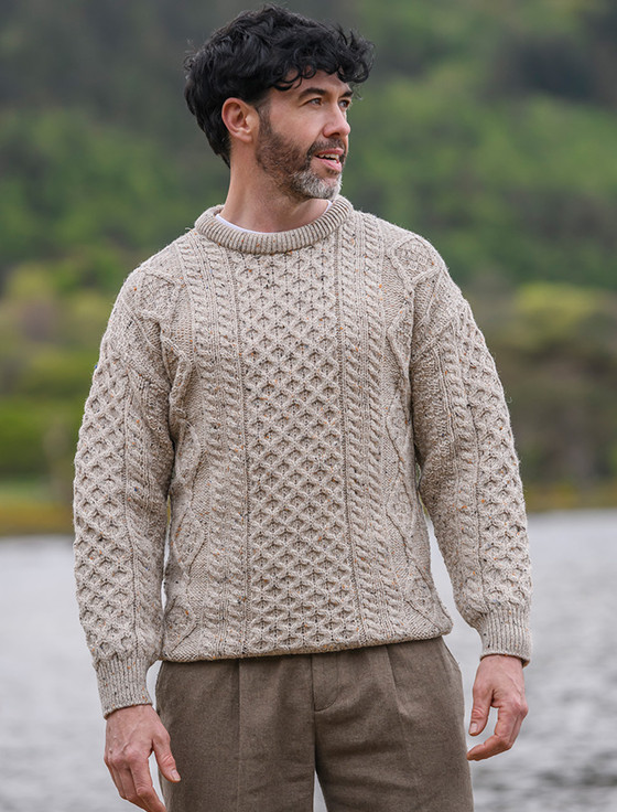Men's Cable Knit Crew Neck Aran Wool Sweater - Skiddaw