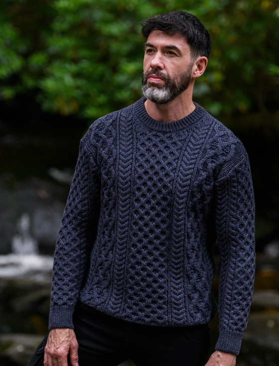 Heavyweight Merino Wool Aran Sweater - Navy Marl