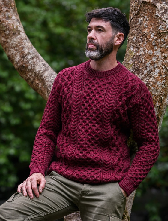 Heavyweight Merino Wool Aran Sweater - Claret