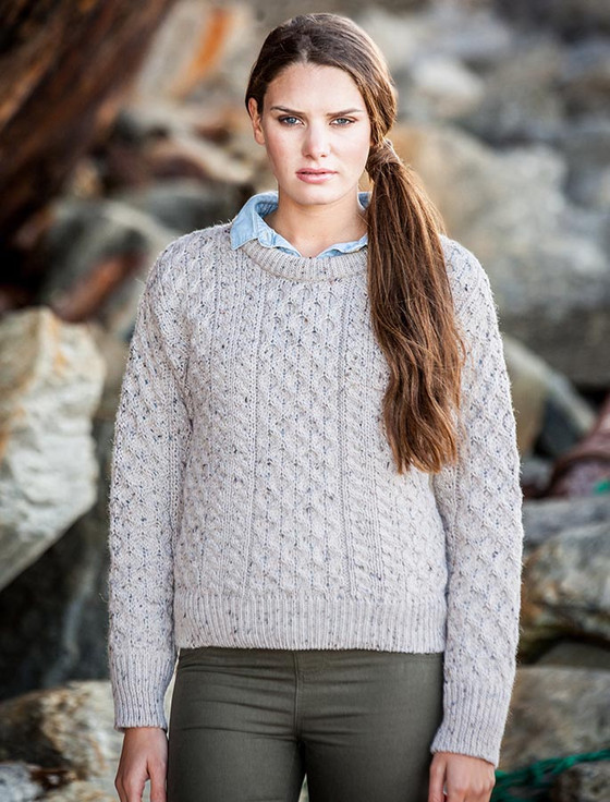 100% Natural Wool Crew Neck Traditional Aran Sweater Skiddaw Colour